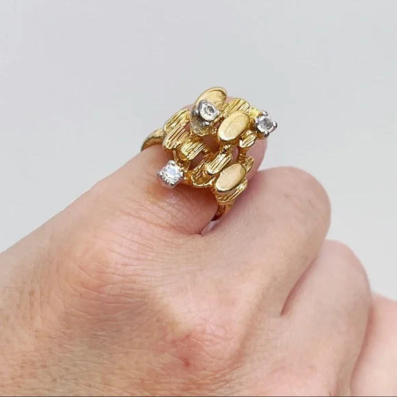 Vintage 18K HGE CZ Abstract Nugget Brutalist Ring Sz 5 Cocktail Statement Ring - Picture 5 of 13